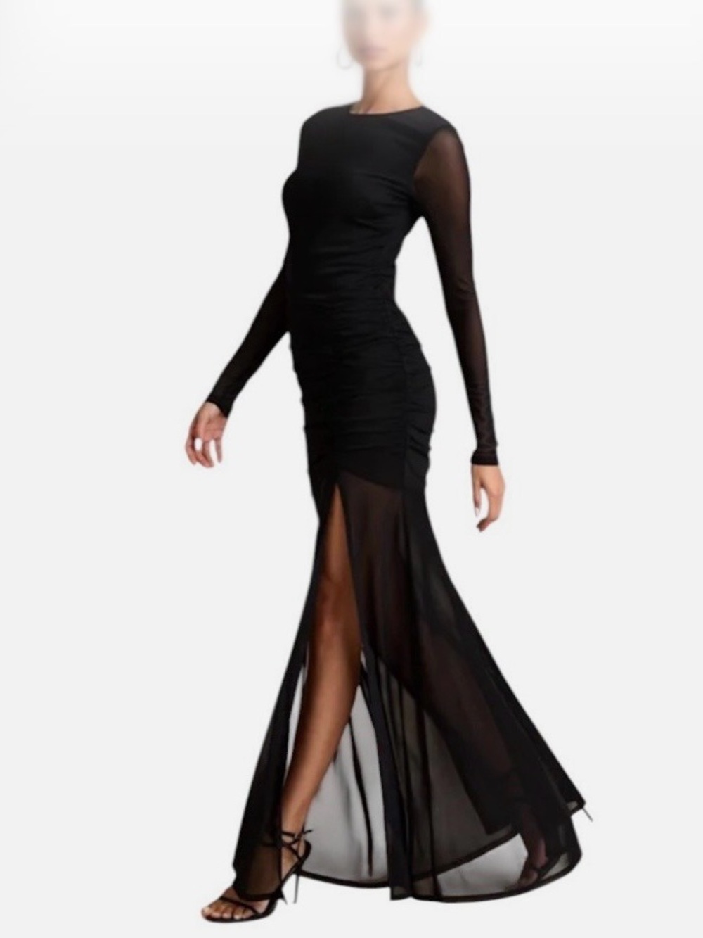 Lulus Vibrant Poise Black Mesh Ruched Maxi Dress Long Sleeve Sheer Hem Bodycon - Picture 15 of 15